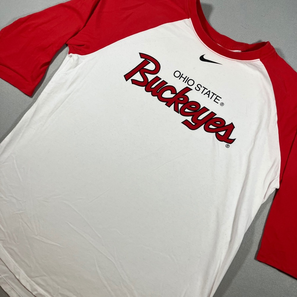Nike Ohio State Buckeyes Dri-FIT Raglan Baseball Tee White Red Mens L 3/4 Sleeve